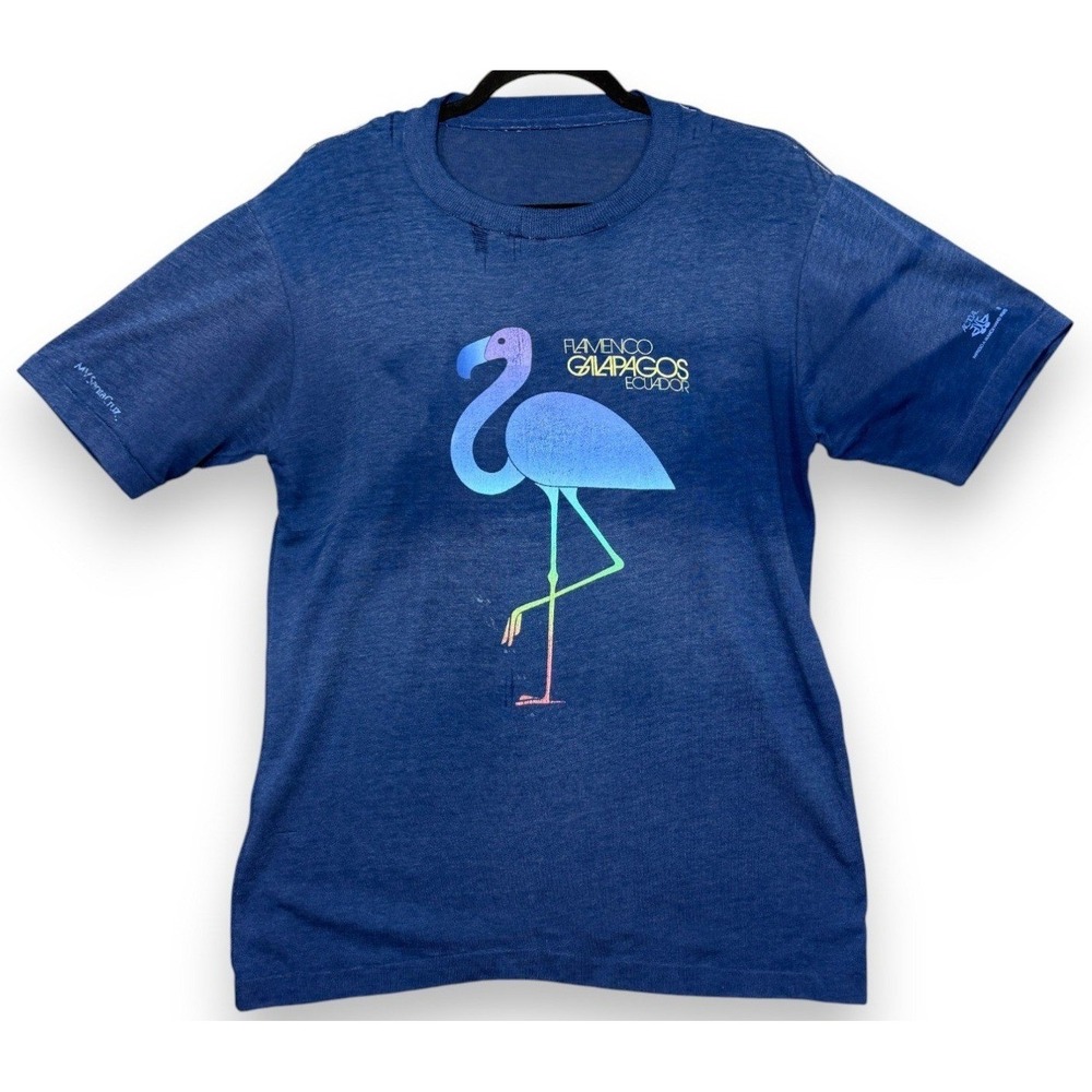 Vintage 70s 80s Flamingo Paper Thin Shirt M Blue Galapagos Ecuador Hand Printed
